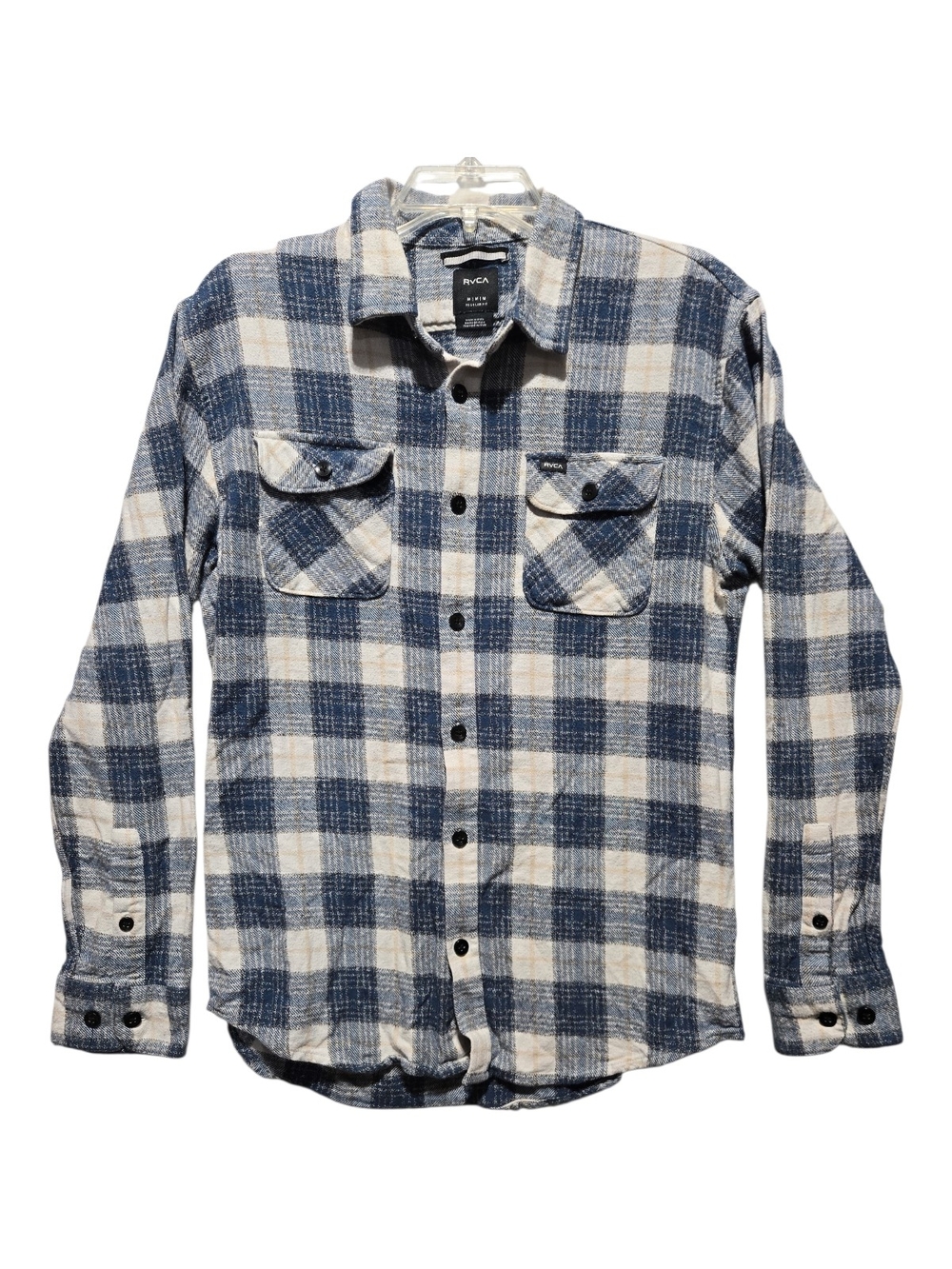 RVCA Men's Blue and White Plaid Flannel Shirt Size Medium